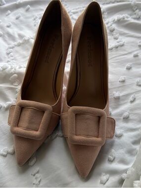 Fericzot Suede Pointed Buckle Pump in Blush Tan